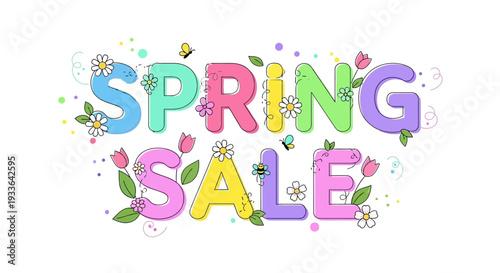 Vibrant Spring Sale illustration featuring colorful flowers and leaves surrounding text from a front view.