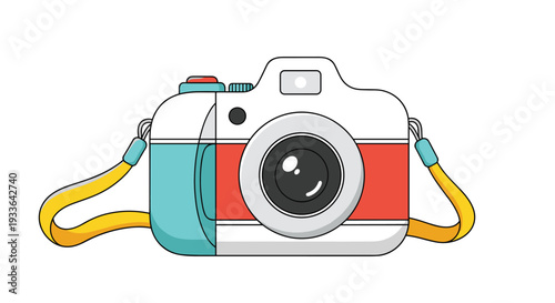 Colorful illustration of a digital photo camera with a grey body, red and teal accents, and a yellow neck strap on a white background.