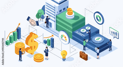 Isometric illustration of business finance and technology with coins, charts, and graphs surrounding a large safe and server