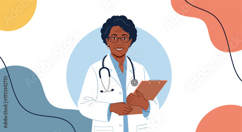 Friendly senior black female doctor wearing glasses and a stethoscope, smiling while holding a clipboard against a bright abstract background.