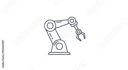 Industrial robotic arm with gripper in a clean line art style.