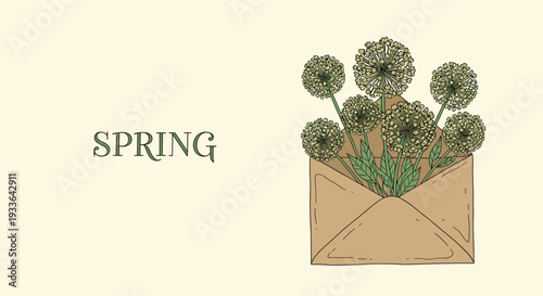 Kraft paper envelope with the word SPRING containing a bouquet of green spherical flowering plants in an illustrative sketch style.