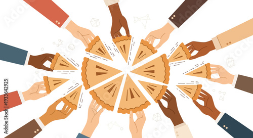 Diverse group of hands gathering around a pizza, sharing slices in a circle, viewed from directly above