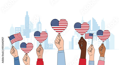 Diverse hands raised in the air holding American flags and heart shaped flag signs against a city skyline background for national holidays.