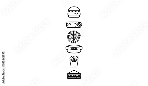 Minimal Monoline Fast Food Icon Collection Burger Pizza Hot Dog Fries Burrito Sandwich Vector Outline Set