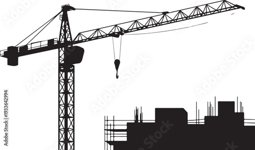 Black silhouette construction crane and building white background