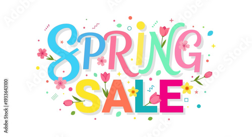 Vibrant Spring Sale Illustration with Floral Elements and Confetti