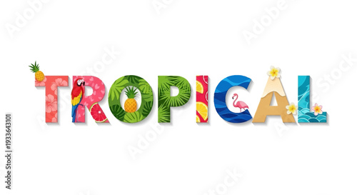 Vibrant Tropical Text Art Featuring Exotic Plants and Bright Colors in a Whimsical Design