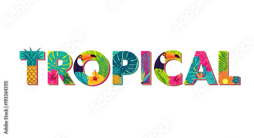 Vibrant Tropical Text Illustration Featuring Floral Patterns and Bright Colors in a Vector Graphic Representation