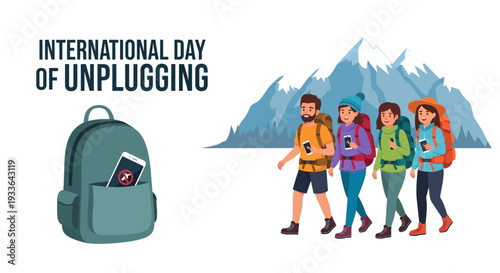 Illustration of three hikers with backpacks walking towards mountains on International Day of Unplugging, promoting digital detox and outdoor activities with a minimalistic design.