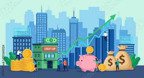 Financial Growth Illustration Featuring Piggy Bank and Coins in Urban Landscape
