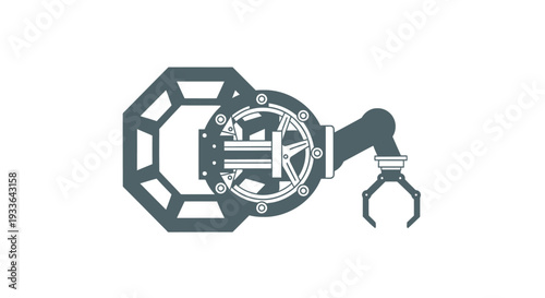 Industrial robotic arm with mechanical gripper and complex machinery.