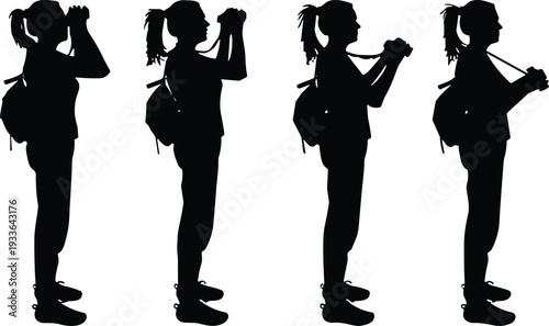 PrintBlack Silhouettes of a Female Hiker with Backpack Using Binoculars for Bird Watching Nature Exploration and Travel Concepts,