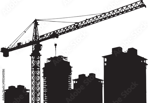 Black silhouette construction crane and buildings