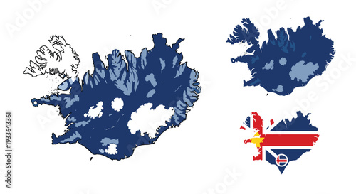 Set of map illustrations of Iceland including a detailed blue shaded version and one featuring the colors and design of the national flag.