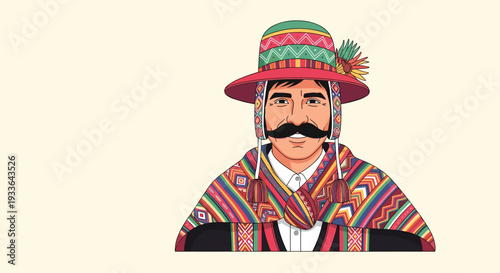 Smiling man wearing traditional Peruvian clothing with a colorful patterned poncho and a decorated hat with tassels and feathers.