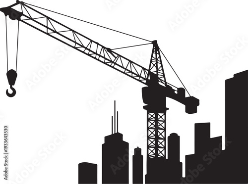 Black silhouette construction crane and city skyline