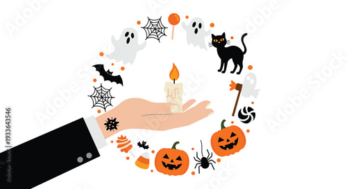 Festive Halloween wreath composed of spooky icons like ghosts, bats, pumpkins, and a black cat surrounding a hand holding a lit candle.