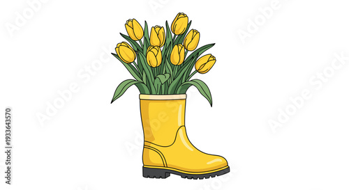Beautiful bouquet of bright yellow tulips arranged in a matching yellow rubber rain boot used as a creative and charming spring vase.