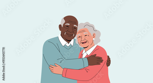 Heartwarming portrait of an elderly African American couple smiling and embracing each other against a soft light blue background.