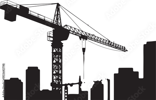 Black silhouette construction crane and city skyline