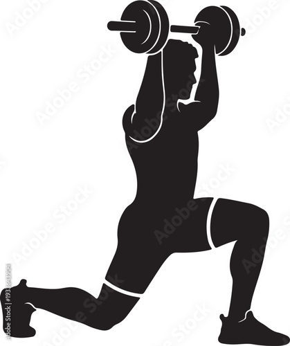 Athlete performing an overhead barbell lunge. Symbolizing strength, fitness, and vigorous training. Dynamic illustration for active lifestyle, promoting physical conditioning and peak performance