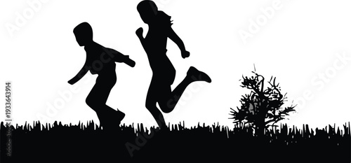 PrintChildren running silhouette, happy kids playing outdoors on grass field isolated on white background vector illustration