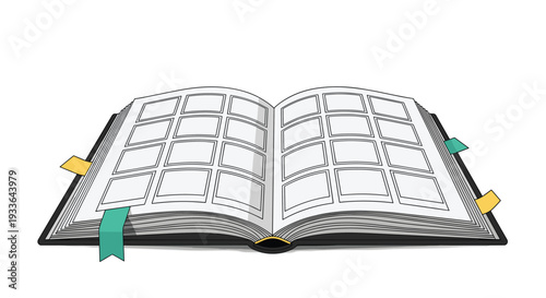 Open photo album with many blank square polaroid style frames for pictures and colorful bookmarks sticking out from the pages.