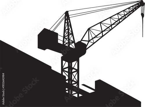 Black silhouette construction crane on building site