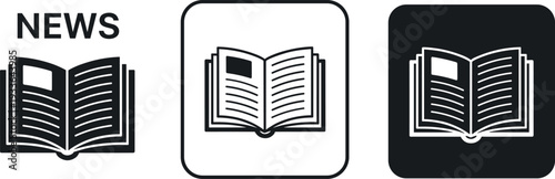 News and Newspaper Icon Set with Open Book Symbol in Solid, Outline, and App Button Styles for Media and Publishing Design