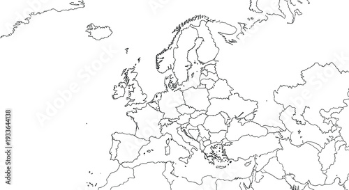 Detailed outline map of the continent of Europe showing individual country borders and adjacent regions for educational purposes.
