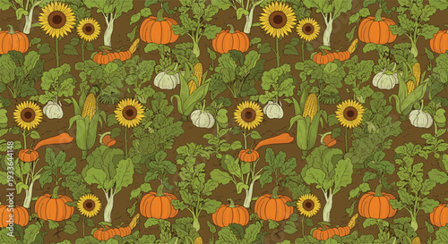 Detailed seamless autumn harvest pattern featuring pumpkins, sunflowers, corn, and garlic on a dark earthy background for fall decor.