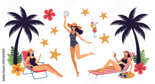 Summer vacation scene with women relaxing and playing on a tropical beach with palm trees, hibiscus flowers, and refreshing drinks.