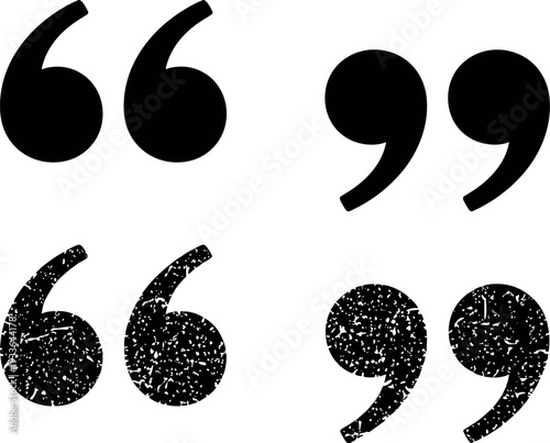 Quotation Mark Icon Set with Opening and Closing Quotes in Solid and Grunge Styles for Typography and Text Design Projects
