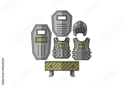 Set of Protective Gear Including Body Armor Helmets and Riot Shields On Display Above a Barrier Representing Security and Defense Equipment