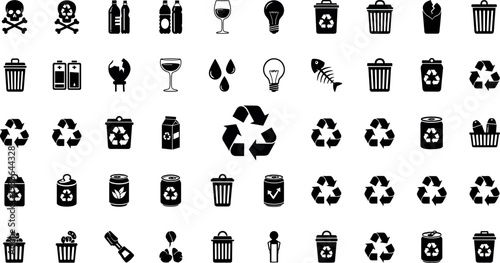 Recycling and Waste Management Icon Set with Trash Bin, Plastic Bottle, Battery, Can, and Environmental Pollution Symbols for Eco Design