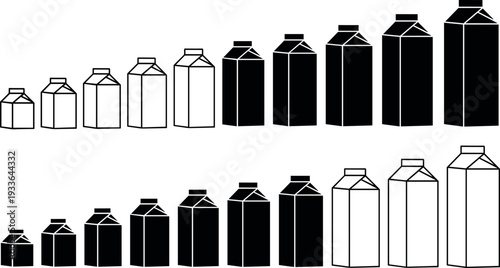 Milk Carton Packaging Icon Set with Various Sizes in Solid and Outline Styles for Dairy Product and Beverage Design Projects
