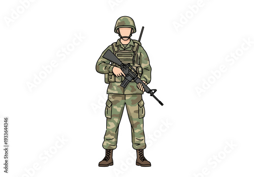 Military service member in camouflage uniform holding firearm tactical gear ready for duty protection security defense preparedness forces uniform