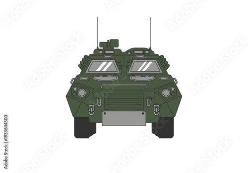 Front view of an armored personnel carrier with antennas and a turret against a white background representing defense and security technology