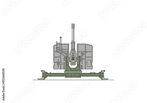 Detailed Technical Illustration of a Mobile Artillery Piece with Support Legs Extended Forward Facing View