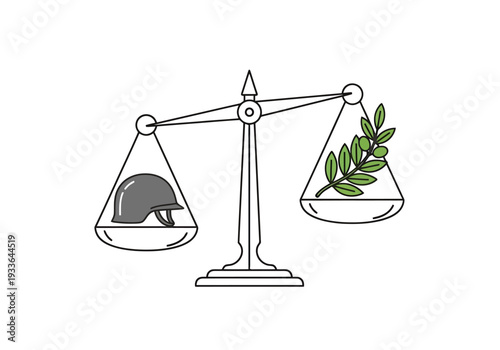 Scales of Justice Balancing Military Helmet Against Olive Branch Symbolizing Peace Versus Conflict Conceptual Representation