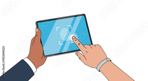 Person using fingerprint recognition technology on a digital tablet screen for secure biometric authentication.