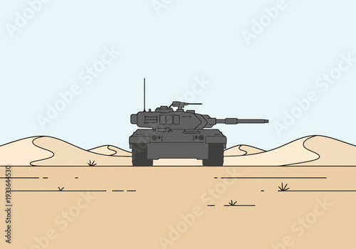 Armored Vehicle Advances Across Arid Sandy Terrain Under a Light Blue Sky With Dune Formations