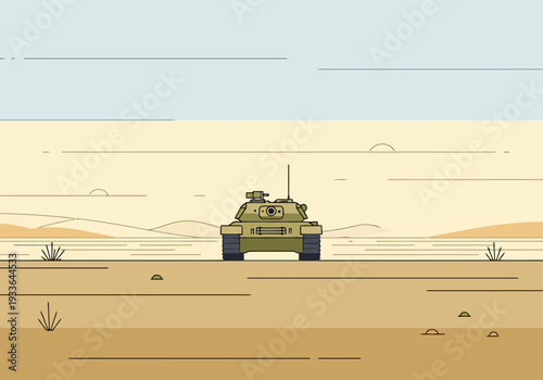 Modern armored combat vehicle advances across a barren desert landscape under a vast sky with subtle sun detail in the background