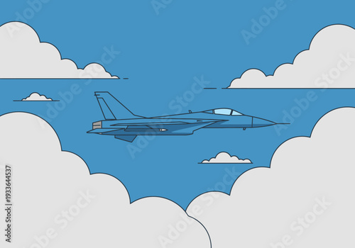 Modern Jet Aircraft Flying Through White Clouds Against Clear Blue Sky