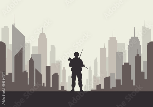 Lone Soldier Standing Silhouetted Against a City Skyline at Dusk Representing Vigilance and Protection of Urban Environments