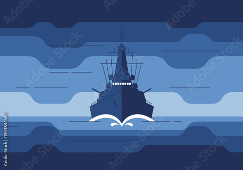 Naval Vessel Sails Forward Through Stylized Ocean Waves Creating Splash Beneath Powerful Ship Bow Facing Camera Minimalist Style Deep Blue Color