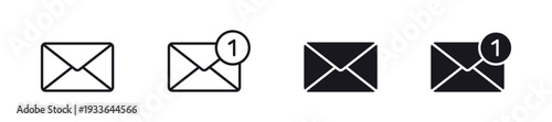 Email envelope icon set with notification badge in outline and solid styles, message inbox vector symbols