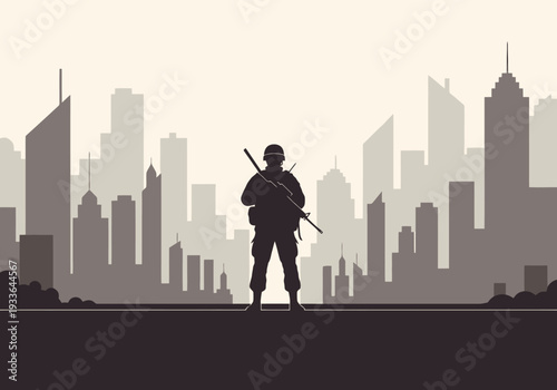 Lone Soldier Stands Guard Silhouetted Against Distant Cityscape Skyline Dusk Horizon Atmospheric Haze Urban Landscape Sentinel Watchful Vigil Modern