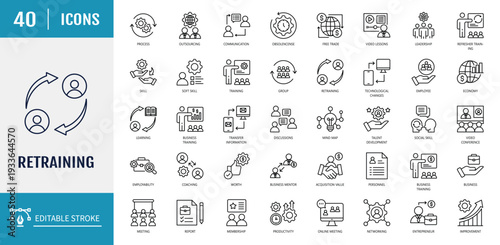 Retraining icon set. Includes process, skill, training, soft skill, motivation, internship and more. Outline icon set. Vector illustration with editable stroke